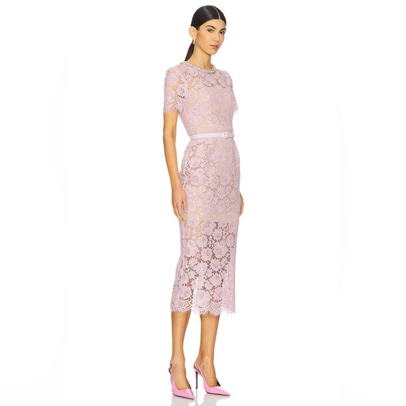 NEW Self-Portrait Fine Lace Pearl Midi Dress in Pink | UK 8 / US 4 - Picture 5 of 16